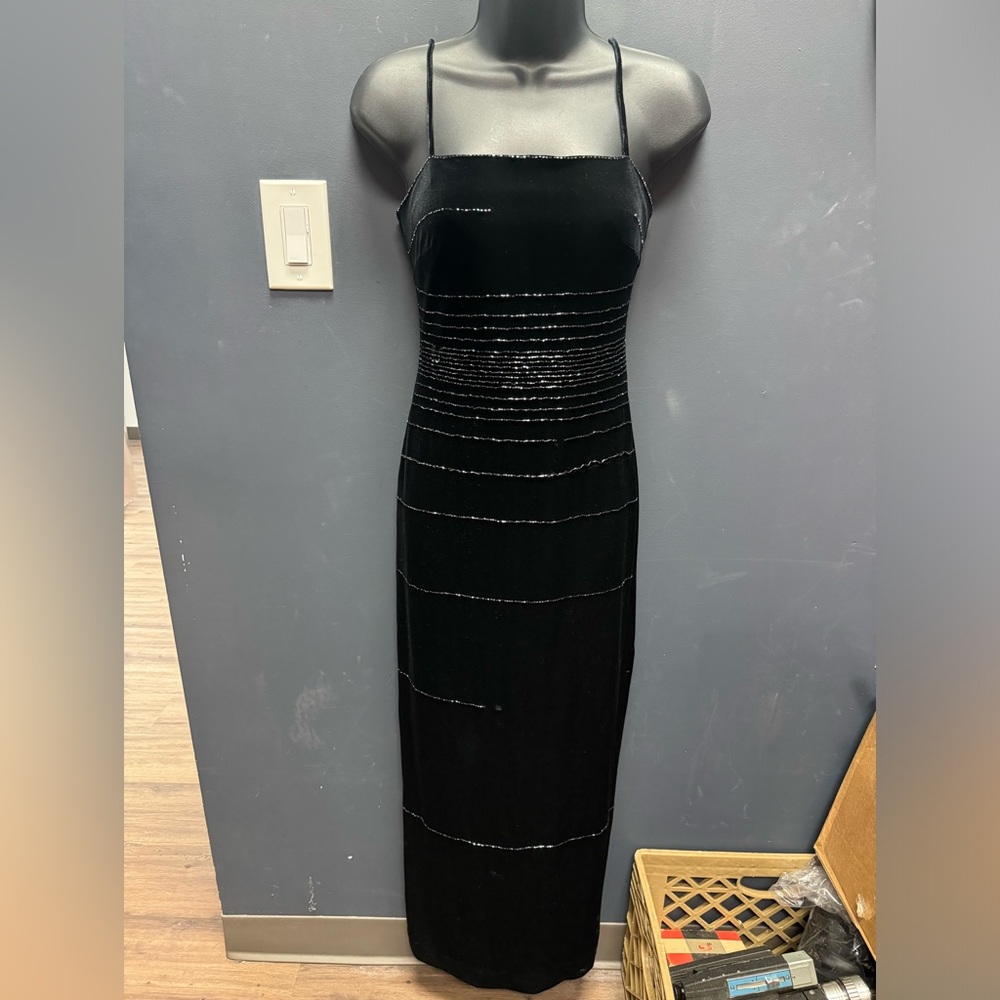 De-Laru by Sheila Yen goth prom 90s black velvet with metallic beading dress